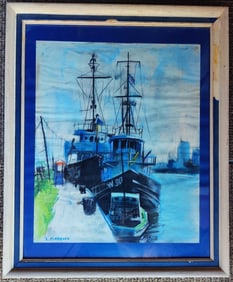 L Flammang Signed Dockside Harbor Pastel on Paper