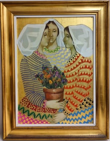 Paolo Emilio Bergamaschi Gold & Acrylic Painting 3 Women