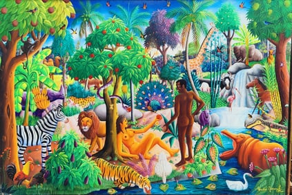 Andre Normil O/B Folk Art Adam & Eve Garden of Eden