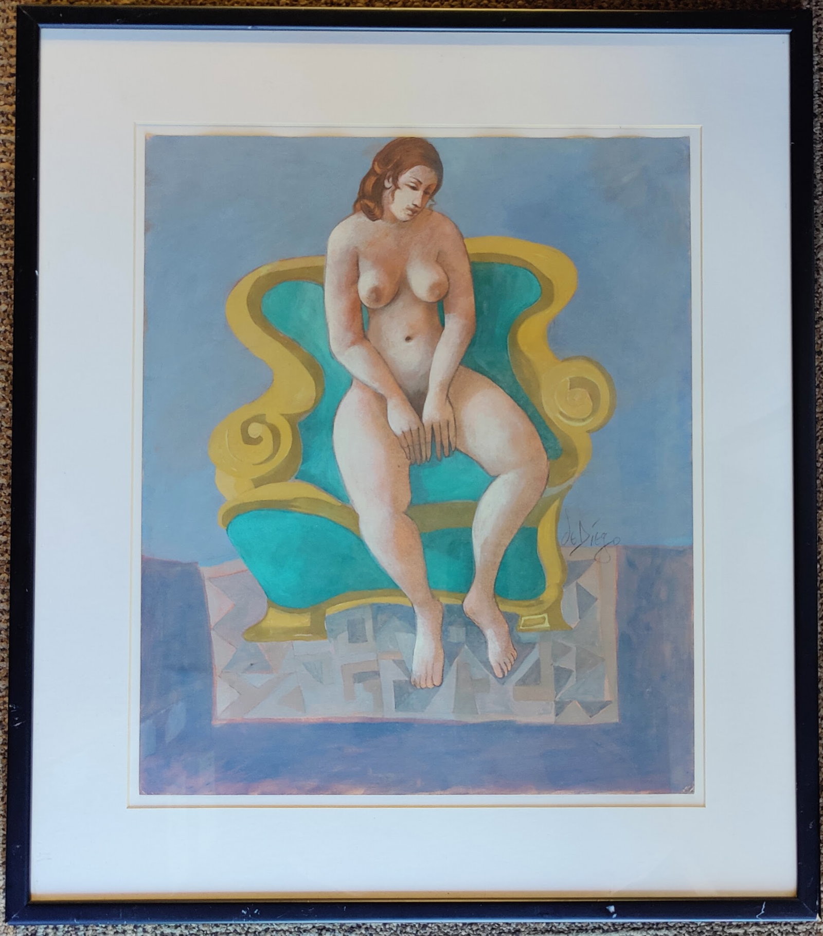Julio DeDiego Modernist Pastel of a Nude Woman on Chair: Julio De Diego (Illinois, New York, California, Spain, 1900 - 1979) pastel on paper in very good condition. Signed middle right. Work is float mounted. 14" x 16" sight.