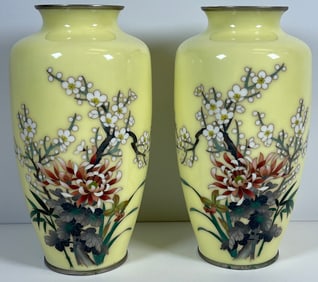 Pair c1930 Japanese Cloisonne Floral Vases