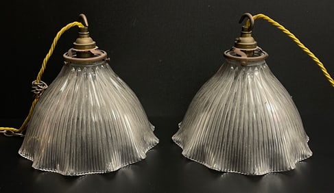Pair Antique French Holophane Fluted Light Fixtures