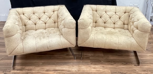 Milo Baughman for Thayer Coggin Mid Century Cantilever Steel Tufted Lounge Chairs