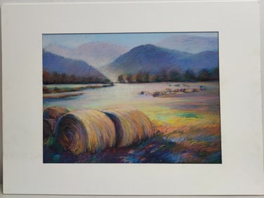 Illegibly Signed Pastel Drawing Titled Catskill Hayrolls