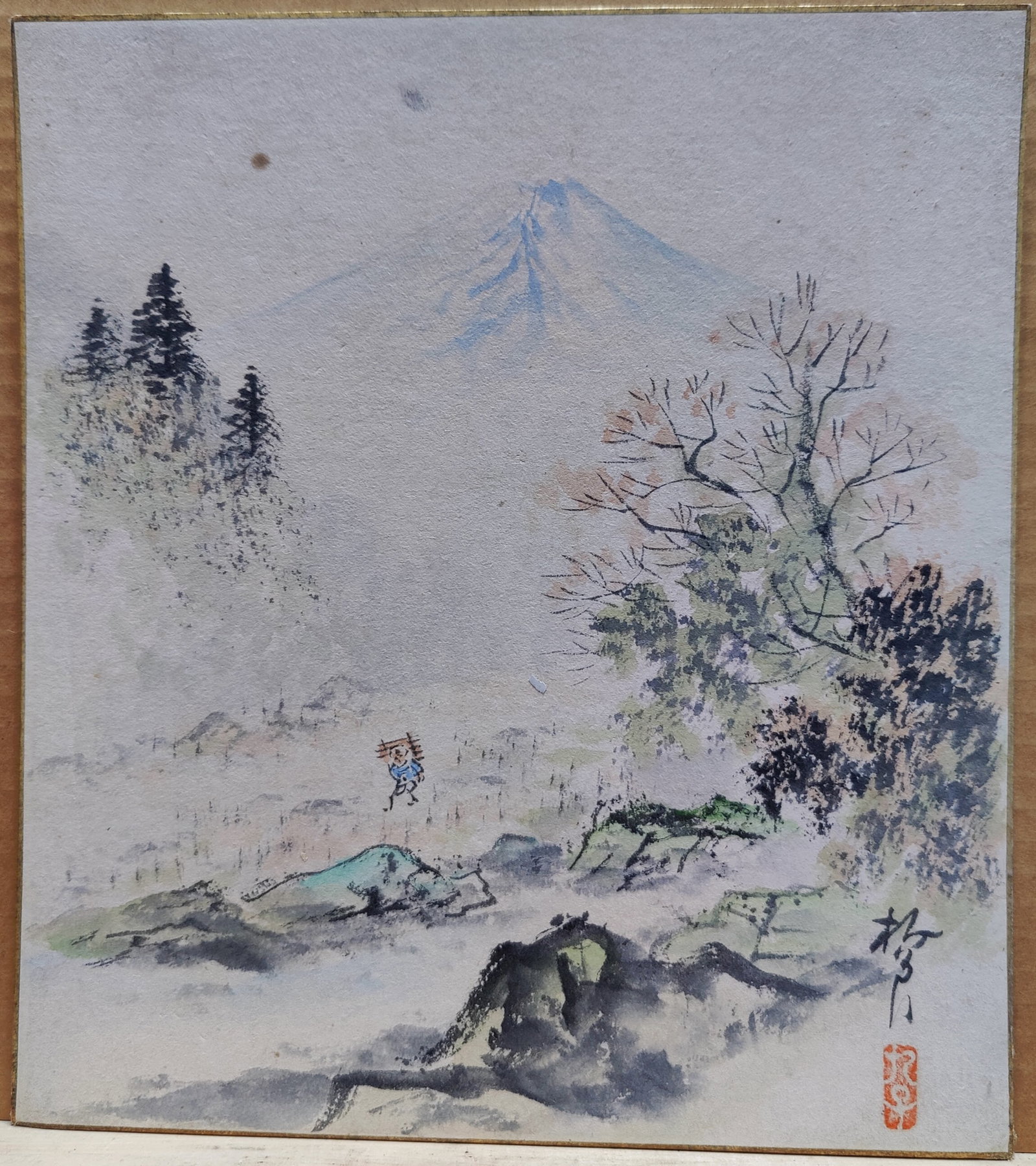 Japanese W/C Landscape on Silk with Figure: A nice early 20th c. W/C of Mt. Fuji with a hiker. Good condition, with spot foxing, toning and minor fade.