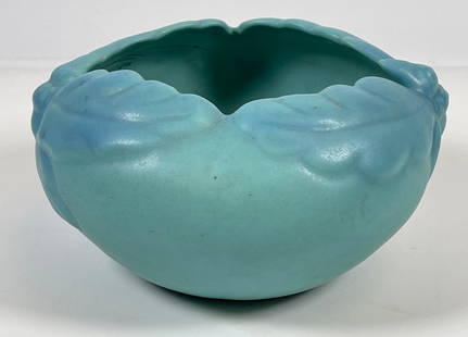 Van Briggle Ming Blue Acorn Oak Leaf Bowl: Oval Bowl Marked Van Briggle Art Pottery. Ming Blue, Embossed Acorn And Leaf Design. Measures 3.25 inches high, 6.25 inches wide. Oveall very good condition, no chips or cracks