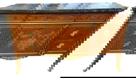 19th Century French Bronze Mounted Marquetry Commode w Marble Top
