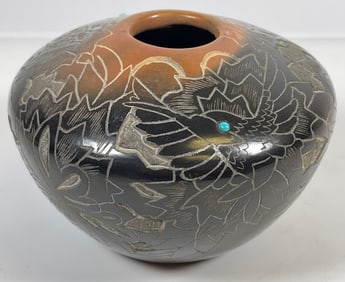 Eric Tafoya Santa Clara Incised Pot with Turquoise