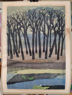 Shima Tamami L/E Woodblock Titled April Trees: Shima Tamami (Japan, 1937 - 1999) limited edition, 94/100, woodblock print titled "April Trees", 1962. Pencil signed, titled and dated in the lower border. Work is in fair condition, with toning,