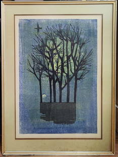 Shima Tamami L/E Woodblock Song of the Forest: Shima Tamami (Japan, 1937 - 1999) limited edition, 69/100, woodblock print titled "Song of the Forest", 1961. Pencil signed, titled and dated in the lower border. Work is in good condition, with