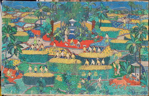 Balinese O/C Jungle Forest Ubud You Help You: Monumental Balinese Folk Art of a Jungle Village, Bali. Illegibly signed and titled in the lower right. Work depicts Native Villagers doing various tasks around the village. Fair condition, with