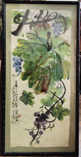 Chinese School W/C on Silk Floral w/ Grapes: Illegibly signed W/C painting titled "Warm and Loving Light". Good condition, with toning, glue bleed and foxing to the silk visible under the glass. A beautiful Chinese Floral with Red Grapes.