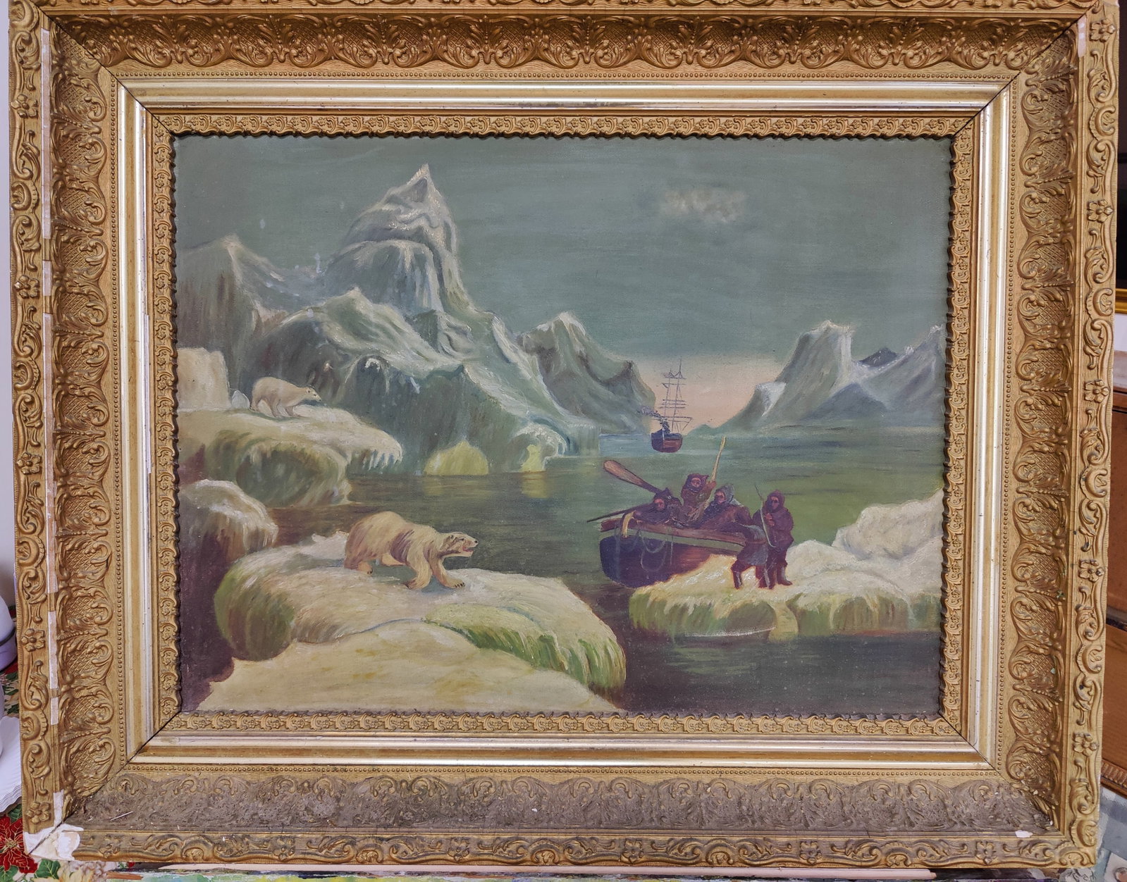 Early 20th c. O/B Inuit Folk Art Polar Bear Hunt: An O/B painting depicting a Polar White Bear Hunt, with Eskimos in a Canoe Hunting Polar Bears. Good condition, but needs a cleaning. Framed in an ornately decorated frame. Frame has wear, decoration 