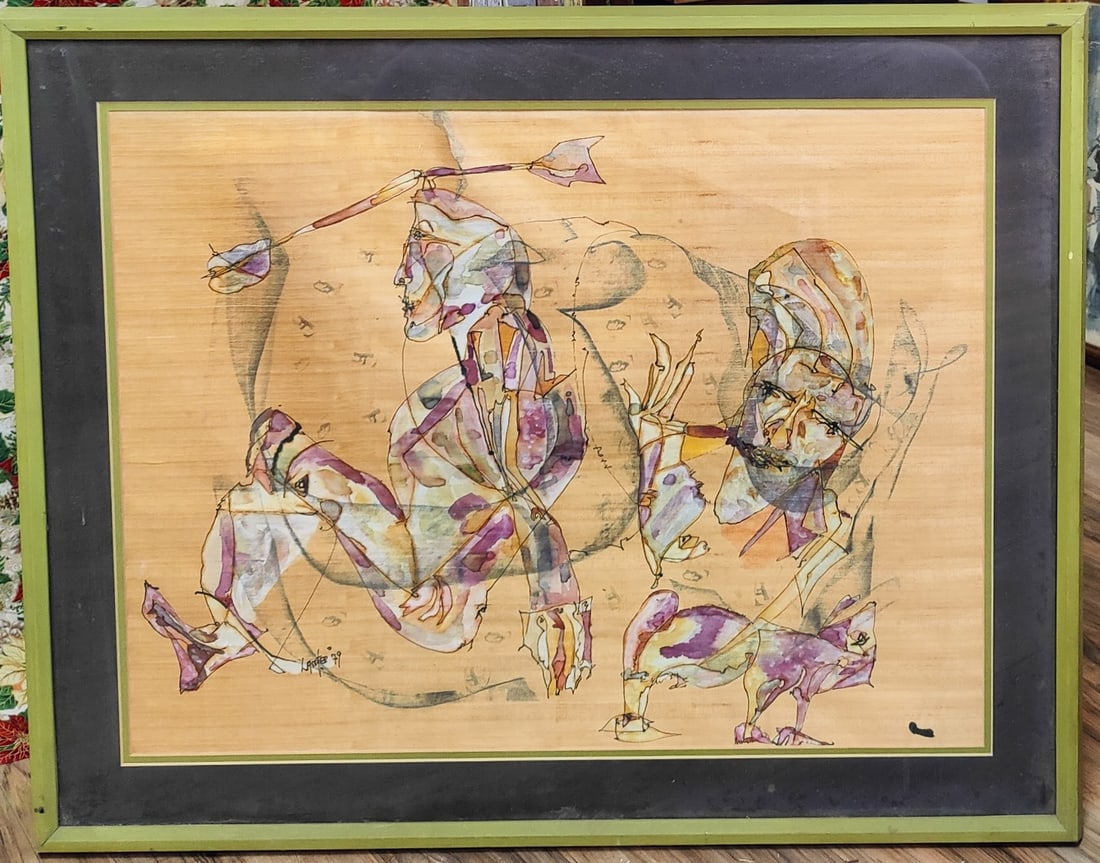 Carolyn Lassiter W/C Native American Figurative: Carolyn Mae Lassiter (New York, North Carolina, New Mexico, Mexico, b. 1945 - ) W/C on veneer decorated paper of Native American Abstract Figures. Very good condition and period framed. Frame has wear