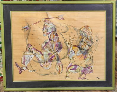 Carolyn Lassiter W/C Native American Figurative: Carolyn Mae Lassiter (New York, North Carolina, New Mexico, Mexico, b. 1945 - ) W/C on veneer decorated paper of Native American Abstract Figures. Very good condition and period framed. Frame has