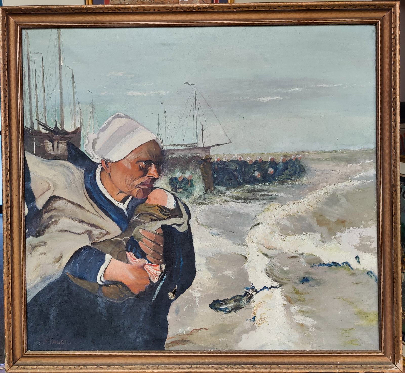 J Faber O/C Nuns Praying on a Stormy Shore: An impressive image of Nuns, a Priest and a Baby in a Nun's arms, with the Nuns praying on a Stormy Sea Shore, c. 1940s. Signed JFaber lower left. Nicely period framed and in good condition, with scuf