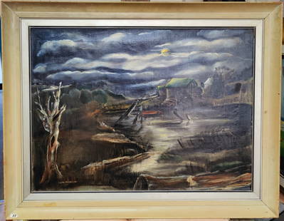 Edith Stockman O/C Landscape Stormy Night: A very cool Modernist Landscape of a Gloomy and Stormy Night, c. 1950s. An O/C painting in very good condition, and a few small patches on the back. Work is signed lower left and has Edith Stockman's
