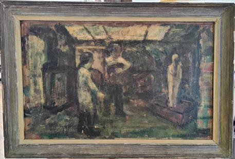 Samson Schames O/B In The Studio Foresrt Hills NY: Samson Schames (Germany, New York, 1898 - 1967) O/B painting c. 1950. Fair condition with, craquelure, chipping, heavy dirt accumulation, and minor paint loss. Period framed, with the frame having
