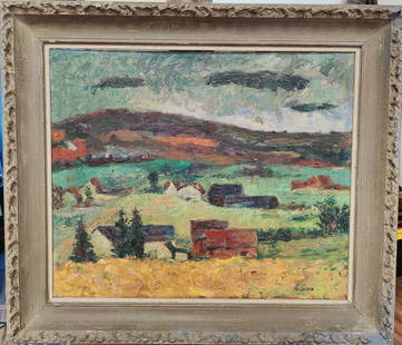 Stephen Green O/B Bucolic Country Landscape: Stephen Green (United States, 1918 - 1980) O/B painting in good condition, with heavy dirt accumulations. Signed lower right. Framed in a period decorated edge brown painted frame. 23.75" x 19.75"