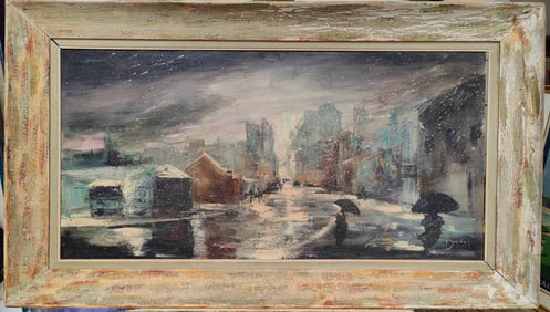 Illegibly Signed O/B Stormy Cityscape Painting