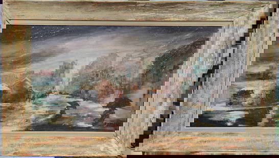 Illegibly Signed O/B Stormy Cityscape Painting: A cool modernist cityscape, c. 1950s of a stormy city street. Good condition, with dirt accumulation. Signed lower right. Framed in a period heavy driftwood style frame that has been distress
