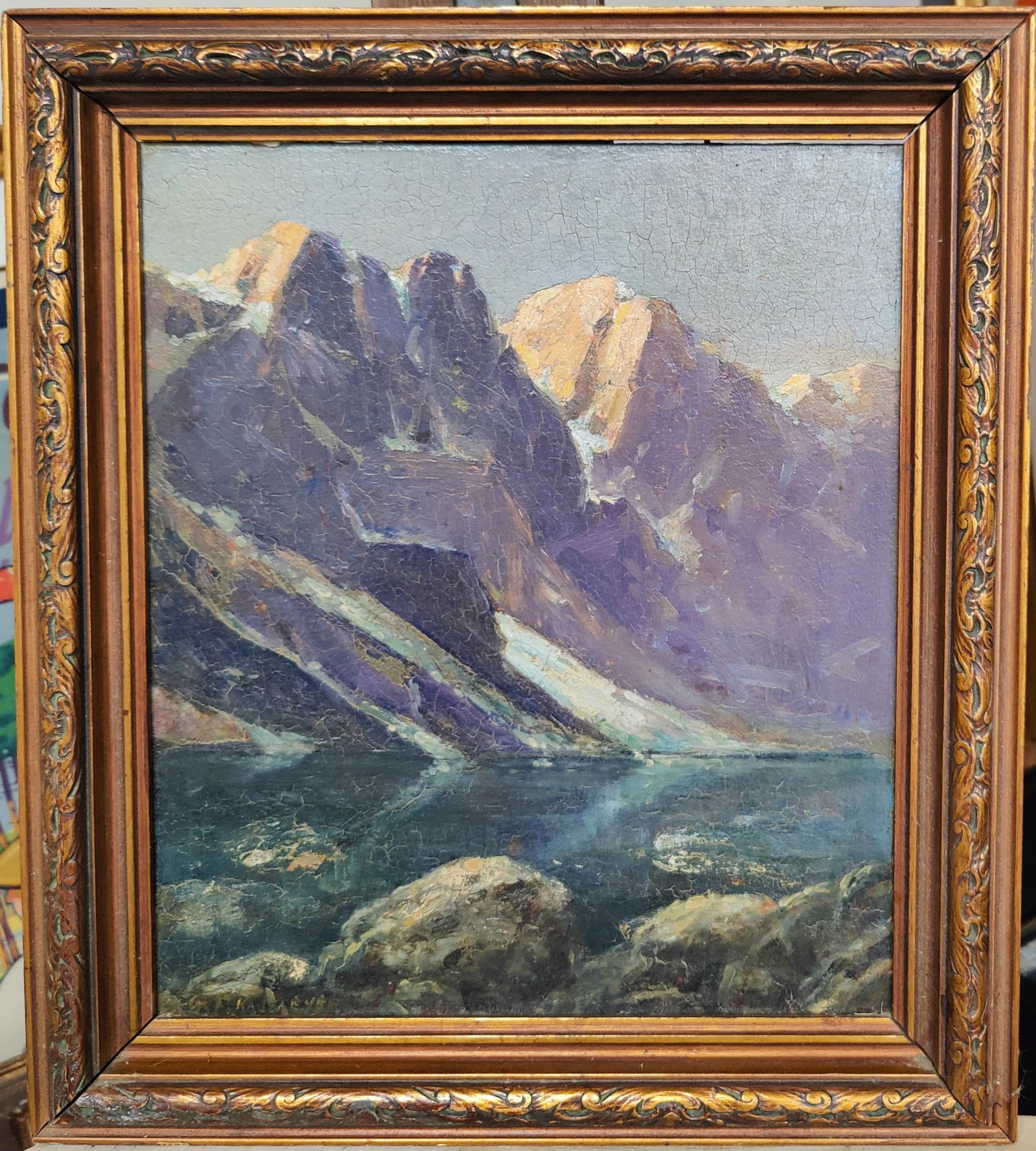 George Kaumeyer O/B Rocky Mountain Landscape: George Frederick Kaumeyer (California, Michigan, 1856 - 1951) O/B painting of a Rocky Shore Mountain Landscape. Good condition, with craquelure and dirt accumulations. Signed lower left. Location is i