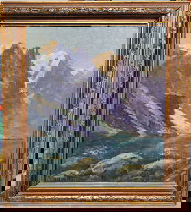 George Kaumeyer O/B Rocky Mountain Landscape: George Frederick Kaumeyer (California, Michigan, 1856 - 1951) O/B painting of a Rocky Shore Mountain Landscape. Good condition, with craquelure and dirt accumulations. Signed lower left. Location is