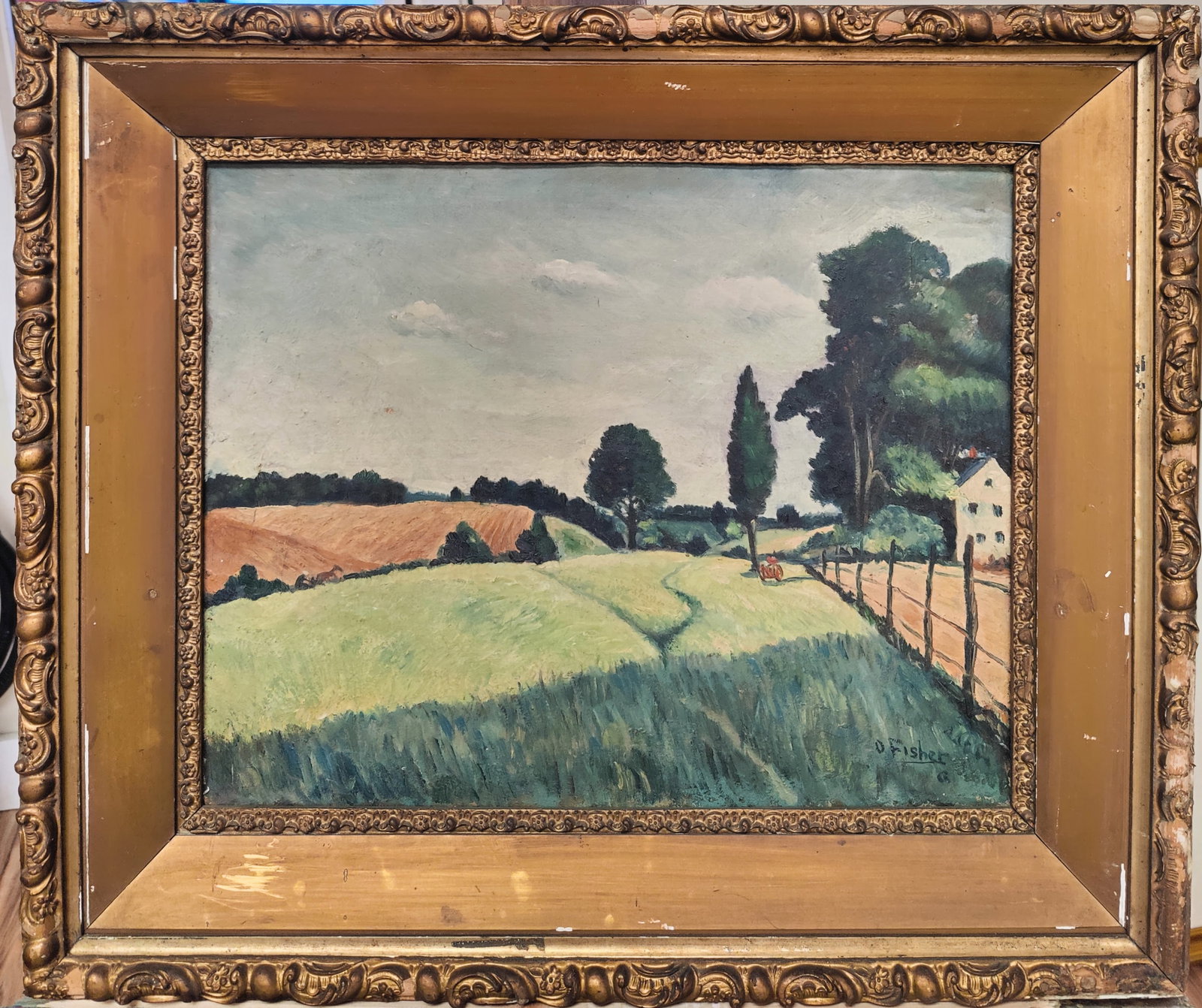 Oscar Fisher O/B New England Farm Landscape: A beautiful Impressionist style WPA Era O/B New England Farm Landscape c. 1930s. Good condition, with dirt accumulation, minor paint chipping and scuffing. Painting needs a cleaning. Signed O Fisher l