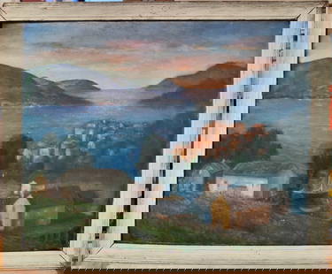 Oscar Fisher O/B New England Harbor Landscape: A beautiful Impressionist style WPA Era O/B New England Seaside Harbor Landscape c. 1930s. Good condition, with dirt accumulation, minor paint chipping, frame edge paint wear and scuffing. Painting