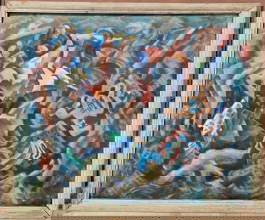 Oscar Fisher O/B WPA Style Abstract Industrial: A cool surrealist style WPA Era O/B abstract industrial complex painting c. 1930s. Good condition, with dirt accumulation, minor paint chipping, frame edge paint wear and scuffing. Painting needs a