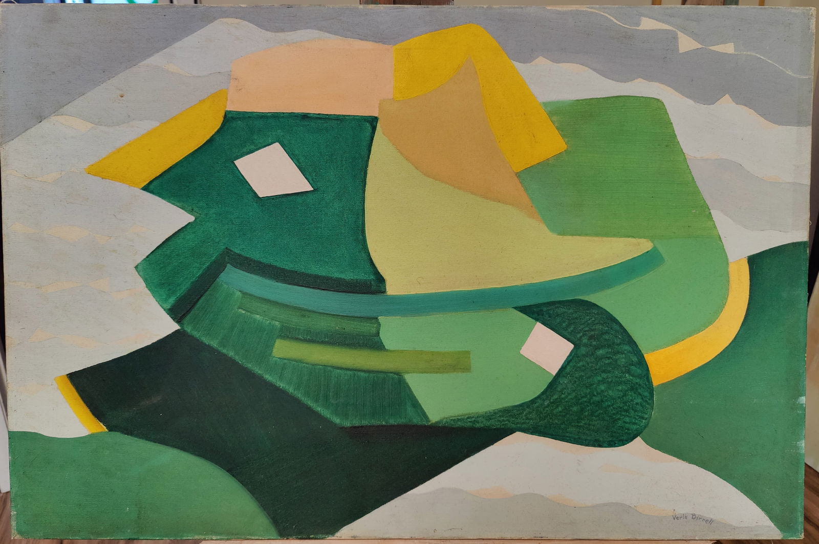 Verla Leone Birrell O/C Titled Seascape Aerial View: Verla Leone Birrell (Utah, 1903 - 2001) O/C abstract depiction Aerial View Seascape. Good condition, with suface scuffing, foxing and dirt accumulation. Painting needs a cleaning. Painting has a Assoc