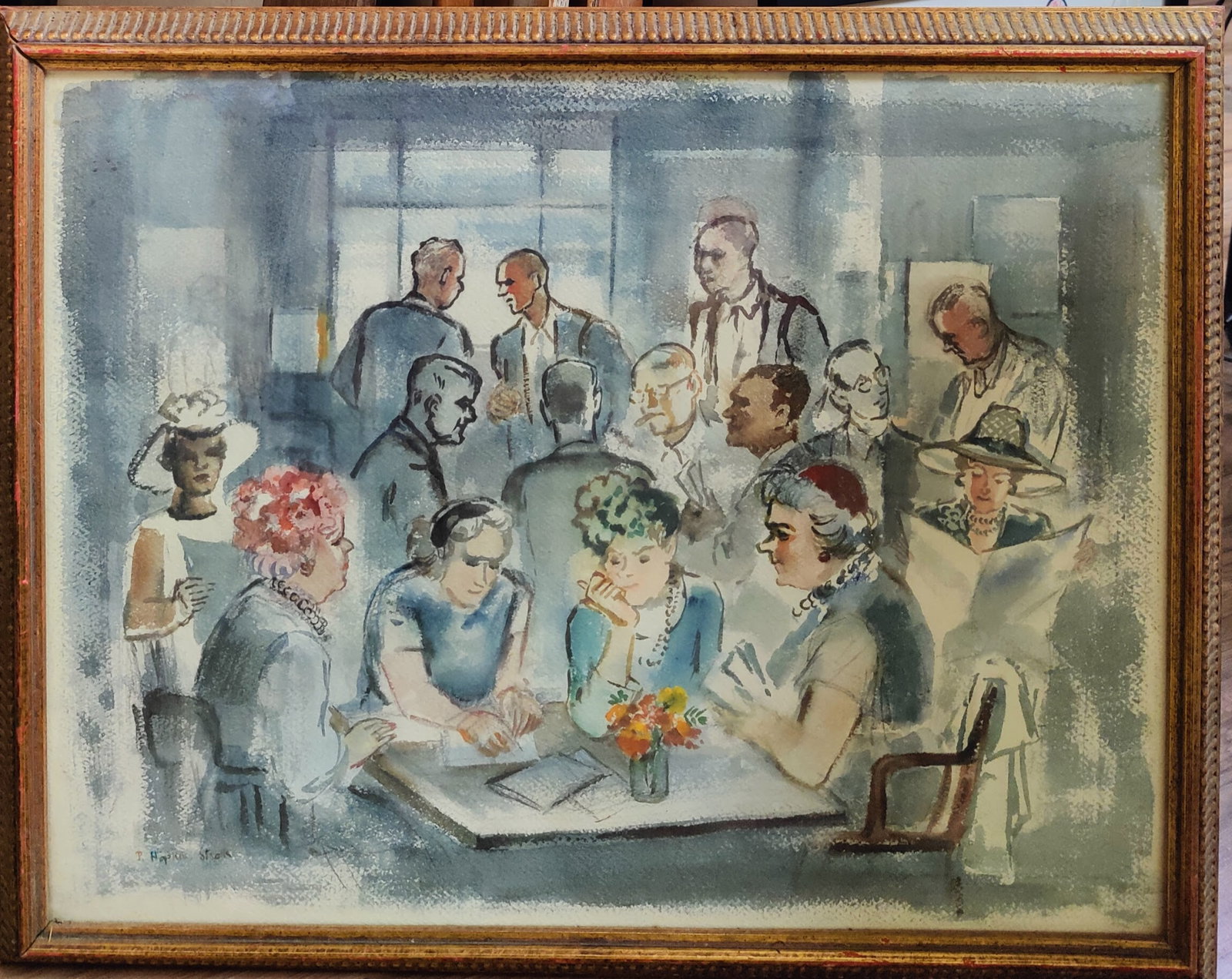 Pauline Stack W/C Illustration Lunch at the Club: Pauline Mary C Hopkins Stack (Connecticut, Pennsylvania, 1894 - 1966) W/C on paper illustration titled "Lunch at the Club". A cool mid century illustartion, in very good condition. Period framed in a 