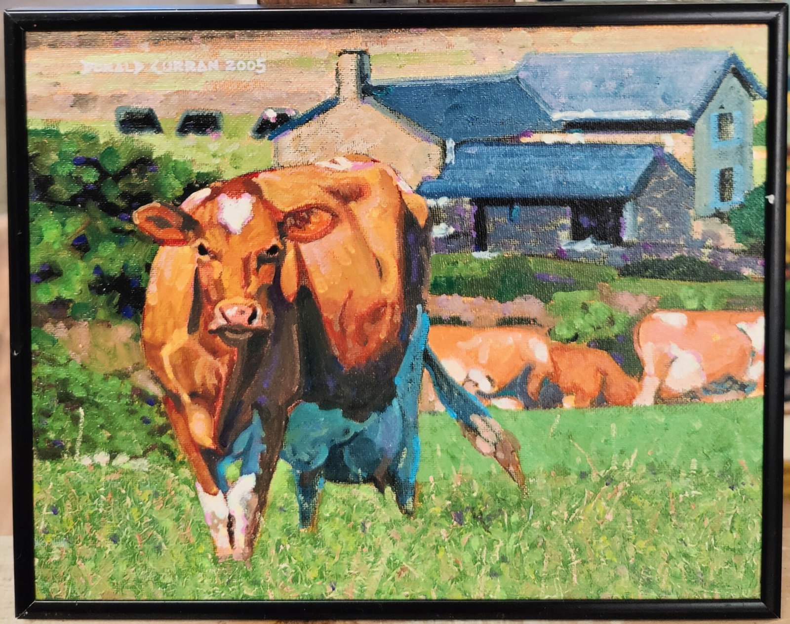 Donald Curran O/B Cows Co. Mayo, Ireland 2005: Donald Curran (Missouri, b. 1955 - ) O/B painting in excellent condition and simply framed. A beautiful Contemporary and Colorful Cow Farm on the County Mayo, Ireland depicting Cows in a Field. Painti