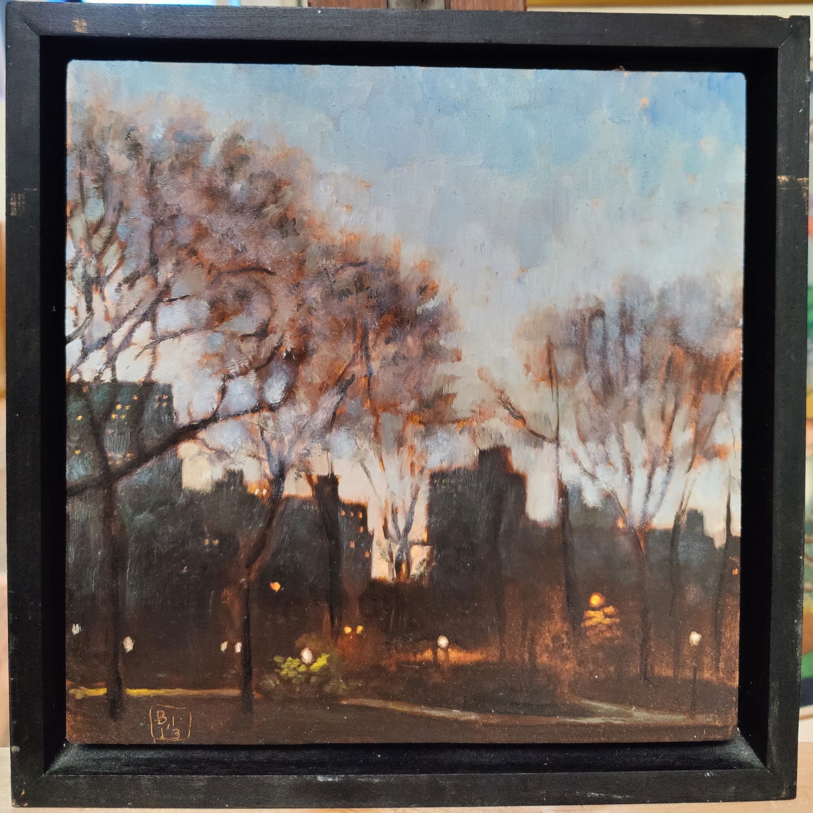 Benat Iglesias Lopez O/B Central Park Painting: Benat Iglesias Lopez (Spain, New York, b. 1979 - ) O/B Contemporary View of Buildings on Central Park West, titled "On My Way Back". Excellent condition and nicely float mounted in a gallery framing.