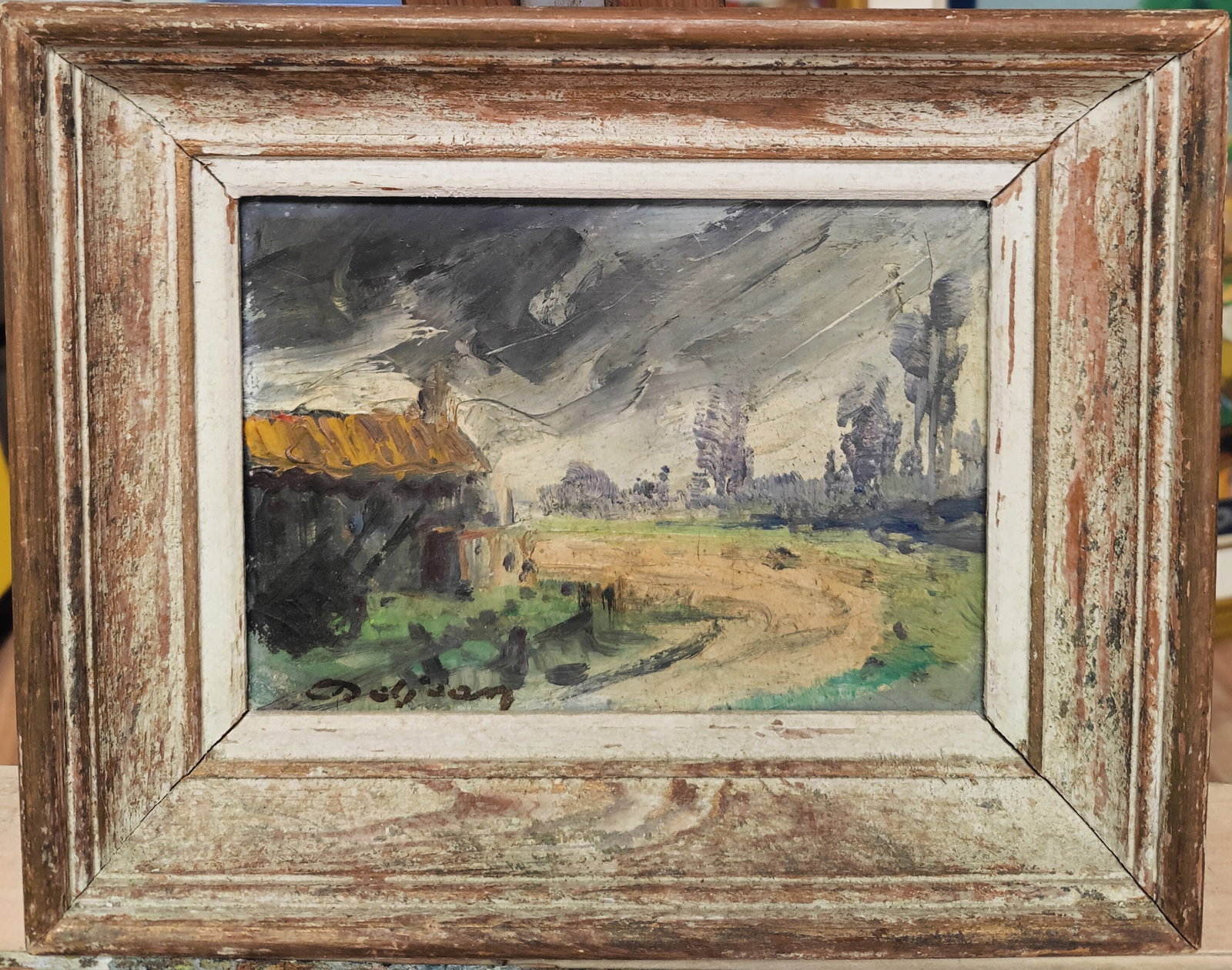 Illegibly Signed O/B Impressionist Landscape: A beautiful little impressionist landscape with structure. Very good condition and nicely period framed in a driftwood style framing. Frame has wear and distressing. Signed lower left. 8.25" x 5.75" s