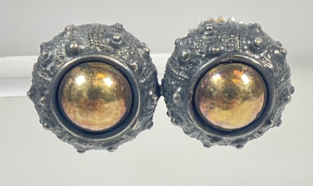 Pair Pedro Boregaard Oxidized Sterling & 18k Gold Sea Urchin Earrings: Marked around inside rim Boreggard C 1992 18K Sterling. Total weight 7.9 grams.