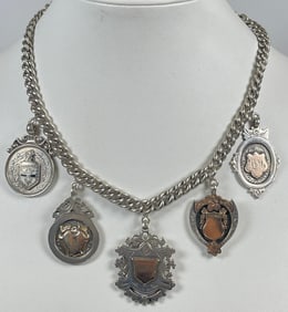 c1925 English Sterling Silver Watch Chain with Gold & Silver Fobs