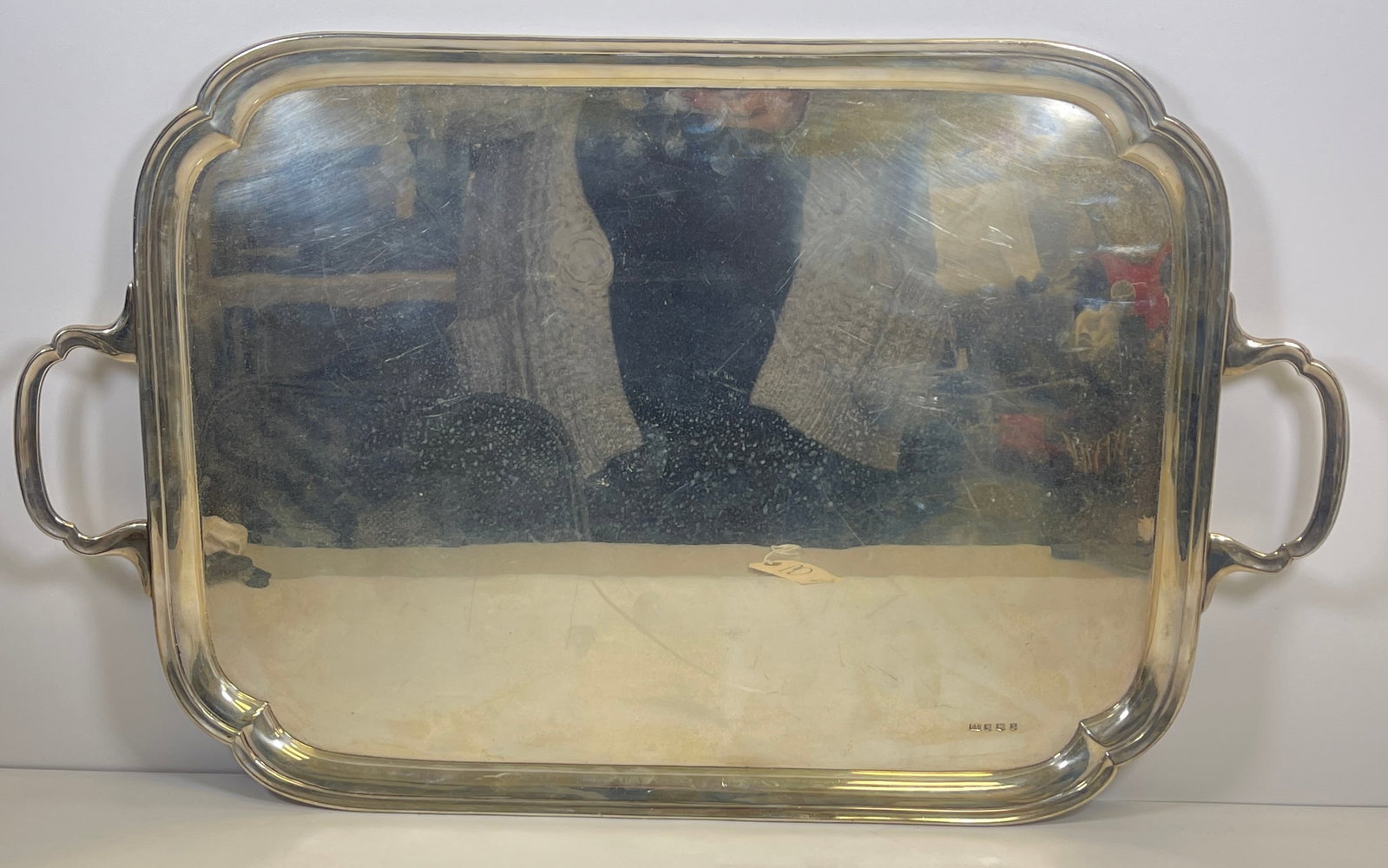 c1940 Sheffield England Sterling Silver Serving Handled Tray: Double handle tray, lion passant, crown for sheffield, X marking 1940. Maker E.V. for Viner's Ltd (Emile Viner). Measures 24.5 handle to handle, 15 inches wide, total weight 84 ozt. Overall good condi