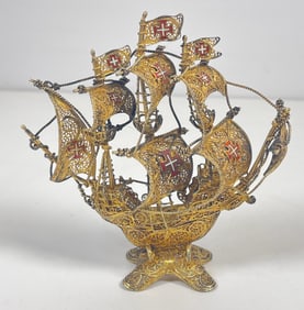 Vintage Gilt 833 Silver & Enamel Filigree Portugese Ship