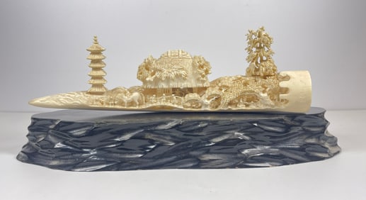 Meiji Period Asian Carved Village Scene on Wood Base