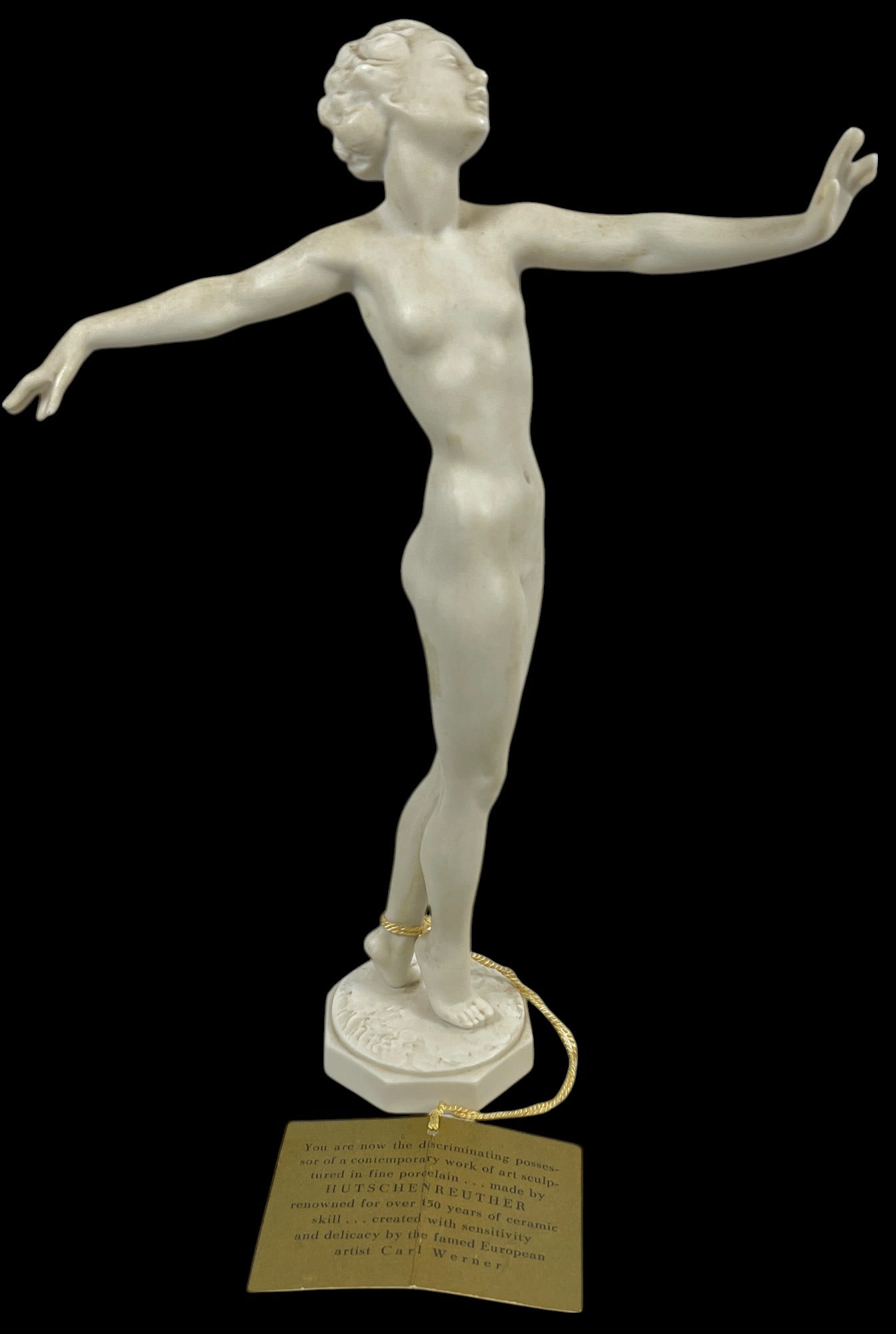 Vintage Hutschenreuther Carl Werner Dancing Bisque Nude: Comes with original tag. Measures 9.25 inches high, 7 inches wide. Overall very good condition, no chips or cracks.
