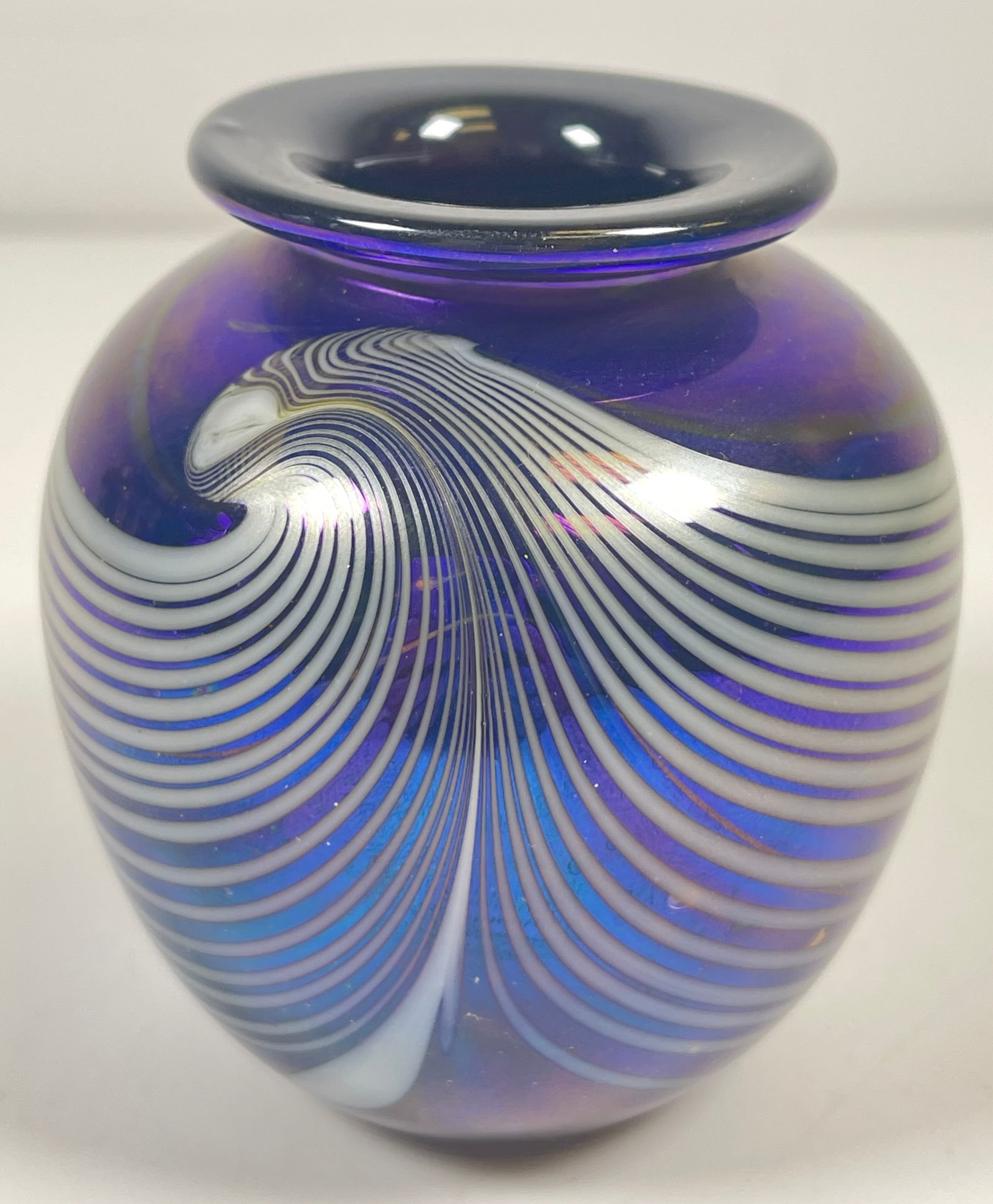 Contemporary Josh Simpson Cane Art Glass Cabinet Vase: Measures 3.25 inches high, approx 3 inches at its widest. Oveall very good condition, no chips or cracks. Signed on bottom.