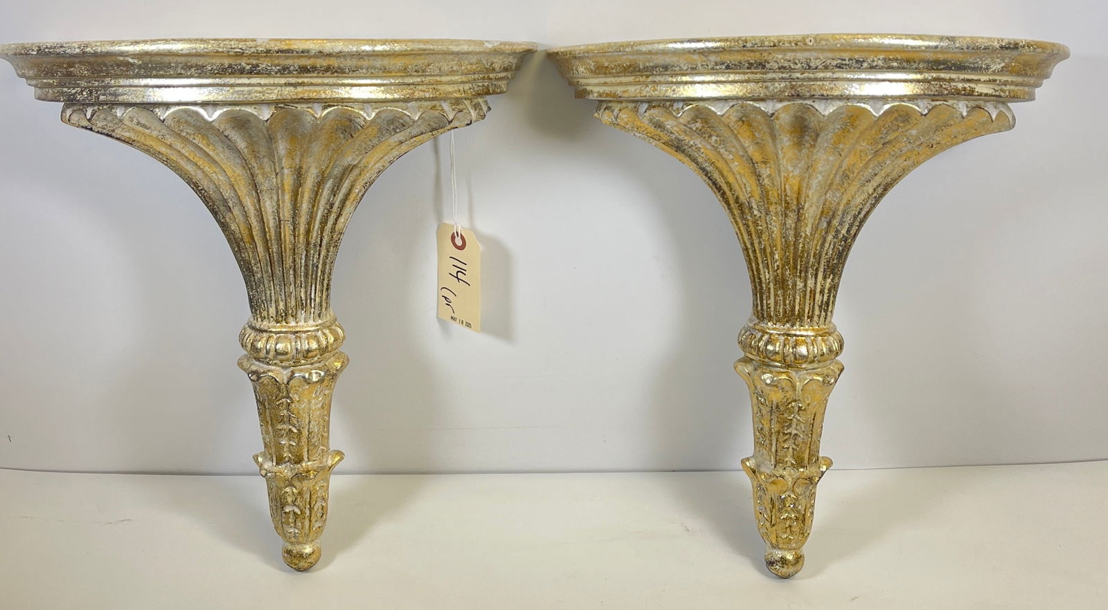 Pair Contemporary Silver Gilt Wall Brackets: Overall good condition, please see photos. Measure 15 inches high, 14 inches wide, 7 inches deep.