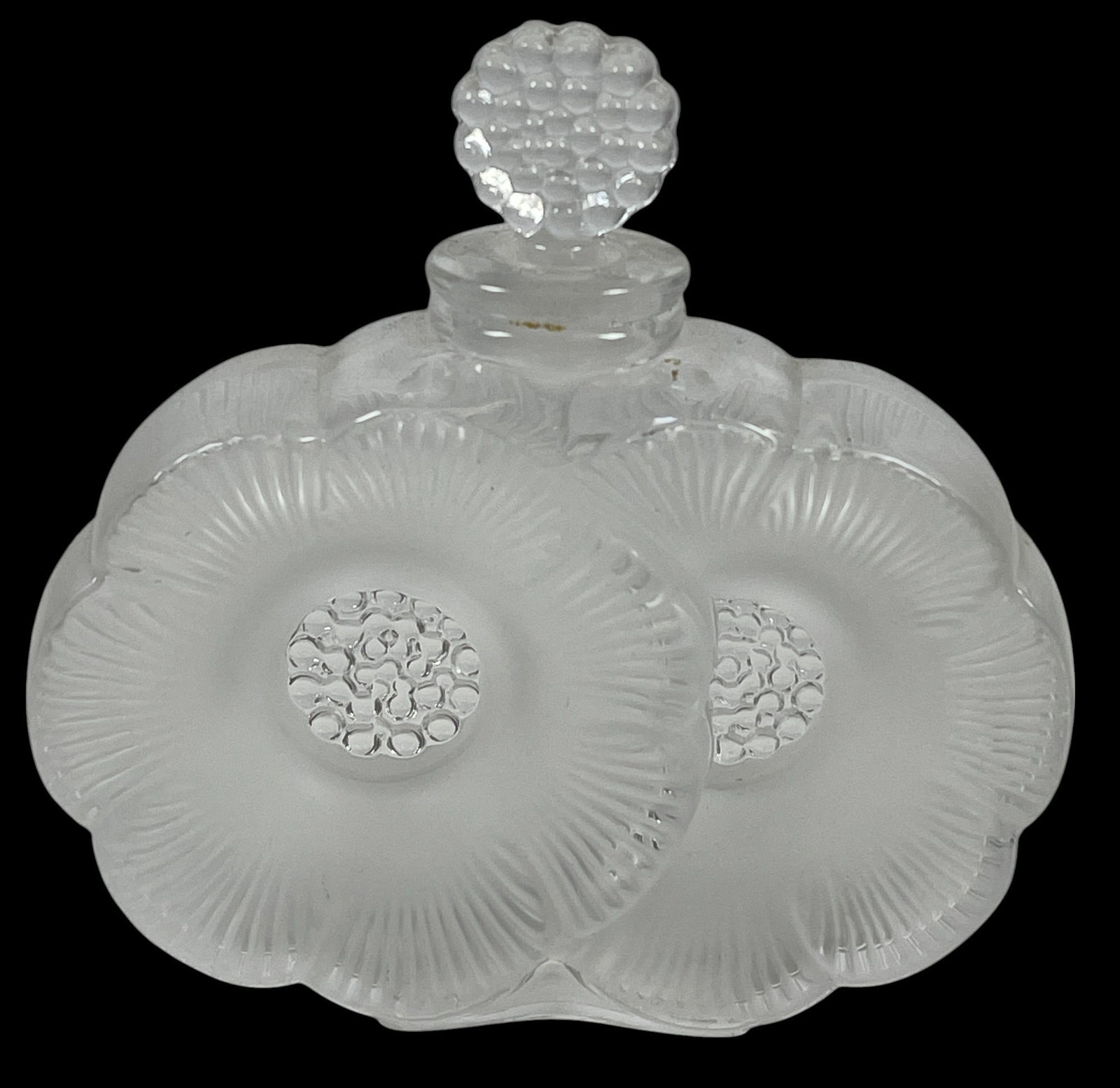 Vintage Lalique Deux Fleurs Perfume Bottle: Lalique Perfume Bottle Two Flowers. It is approx 3.75 inches x 1 inch x 3.75 inches. Overall good condition, no chips or cracks.