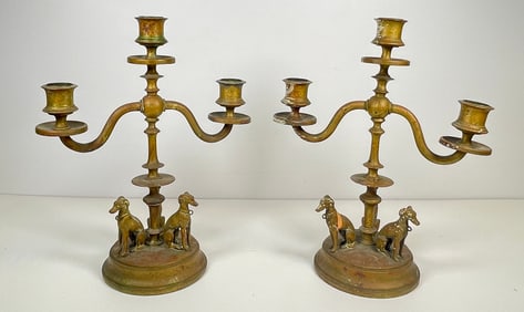 Victorian Brass Candlesticks With Whippet Dogs
