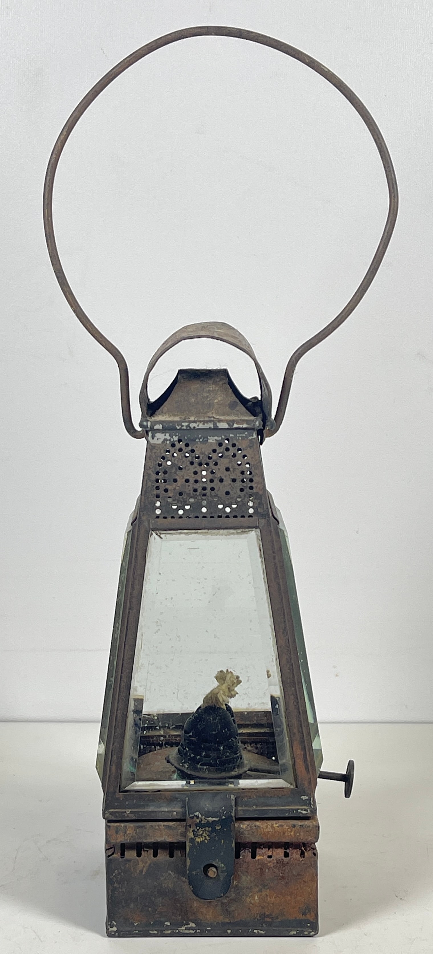Holmes, Booth, and Haydens Skater's Lantern: Holmes Booth and Hayden's Waterbury Ct. Skaters Lantern with beveled glass. Circa 1850s. No chips to beveled glass. 13" tall to the top of the handle, 3" x 3" base.