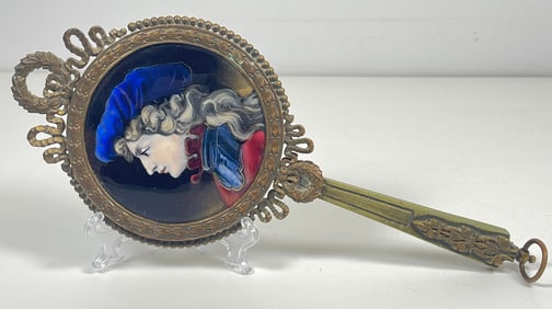 French Bronze Enamel on Copper Hand Mirror