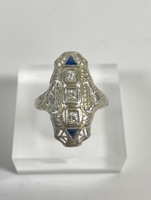 Art Deco 14k White Gold Diamond & Sapphire Cocktail Ring size 8.5