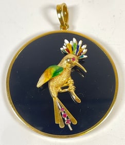 Large 18k Yellow Gold Onyx Ruby & Enamel Bird Pendant