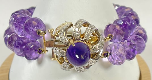Vintage 14k Yellow Gold Diamond & Faceted Amethyst Double Strand Bracelet
